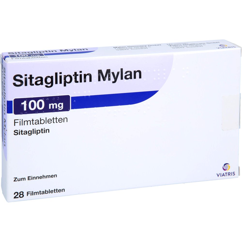 Das Produktfoto zeigt Sitagliptin Mylan 100 Mg Filmtabletten (28 stk) PZN 17975378