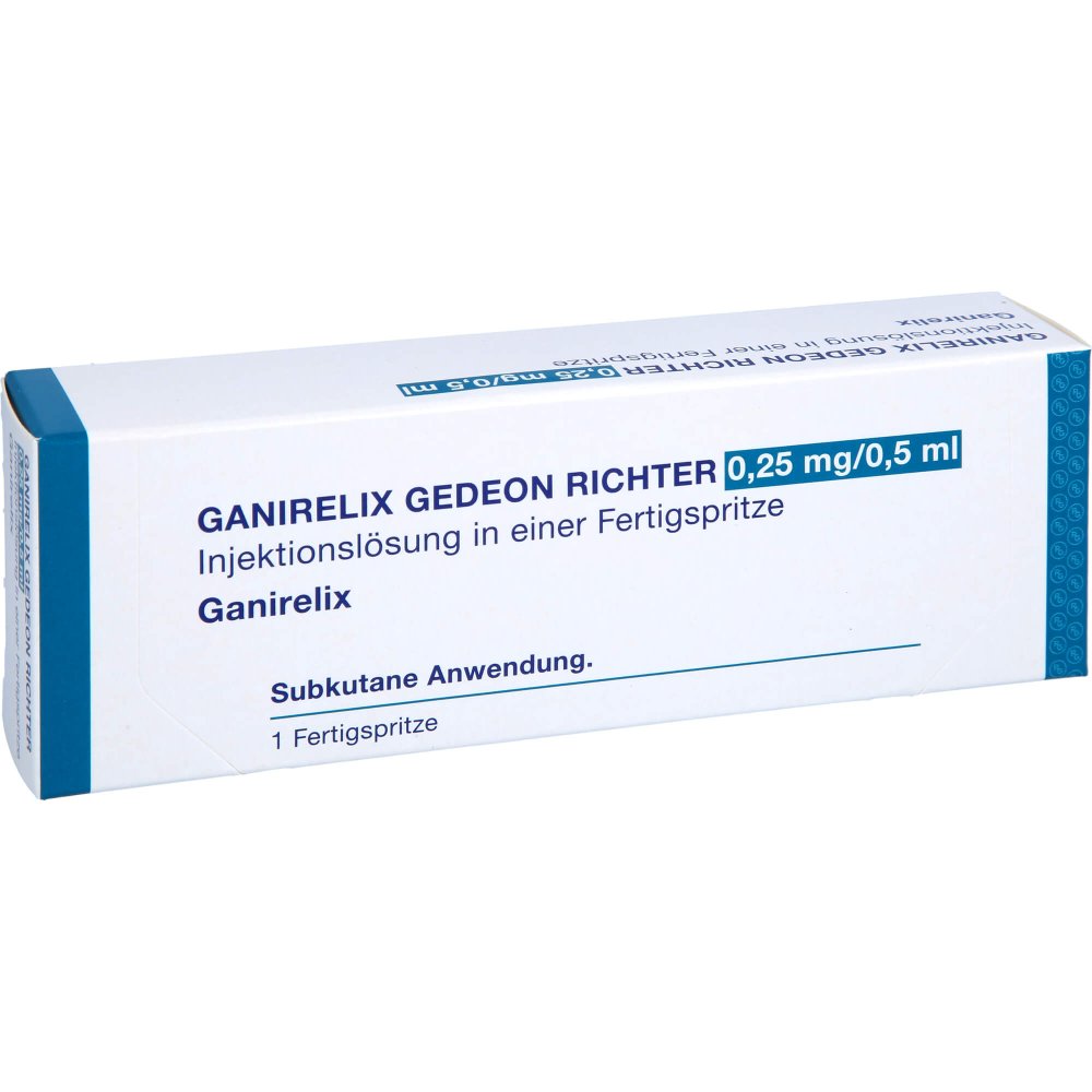 Das Produktfoto zeigt Ganirelix Gedeon Richter 0,25mg/0,5ml Inj.-Lsg.Fs (1 stk) PZN 18001170