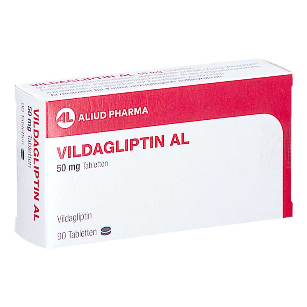 Das Produktfoto zeigt Vildagliptin Al 50 Mg Tabletten (90 stk) PZN 18017018