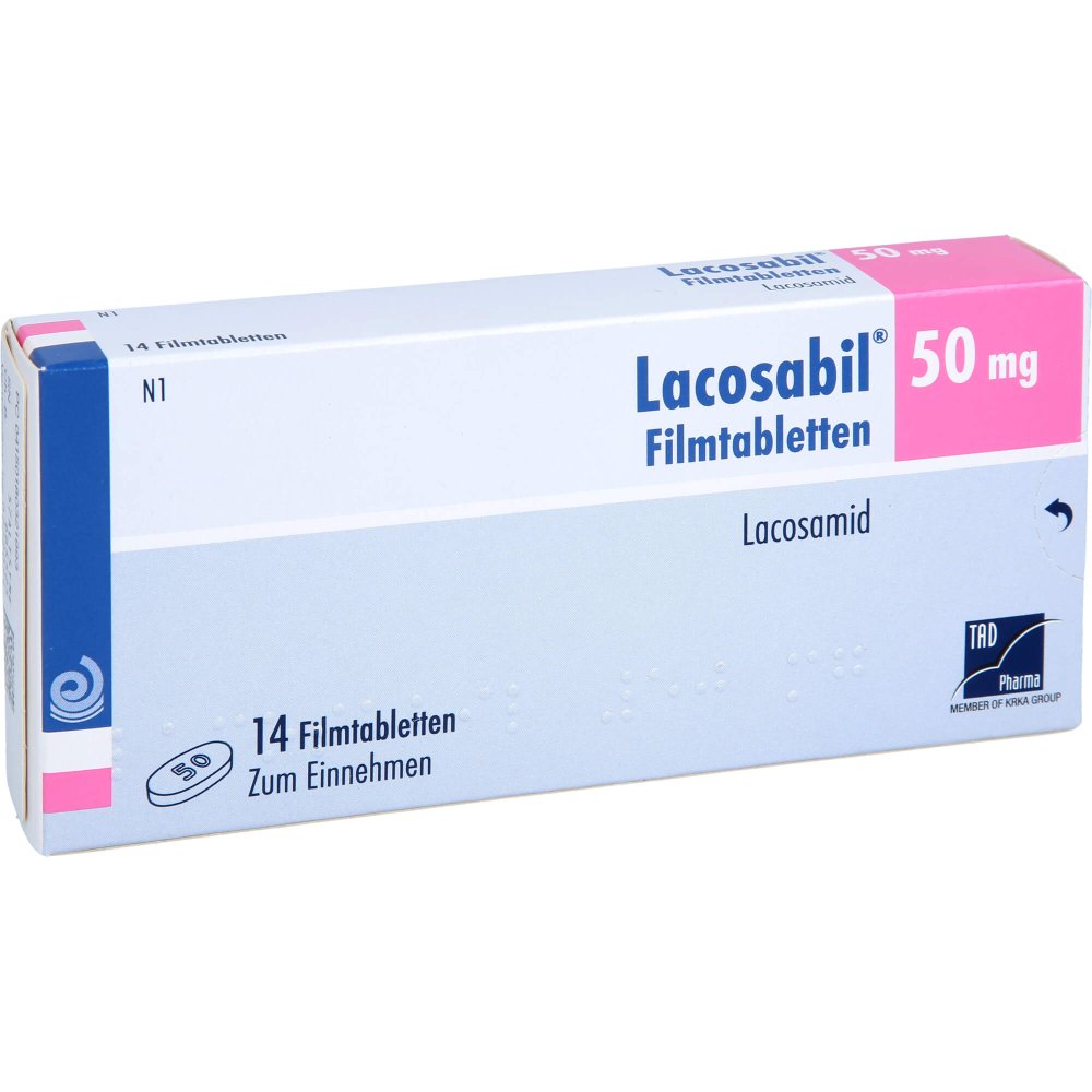 Das Produktfoto zeigt Lacosabil 50 Mg Filmtabletten (14 stk) PZN 18032199