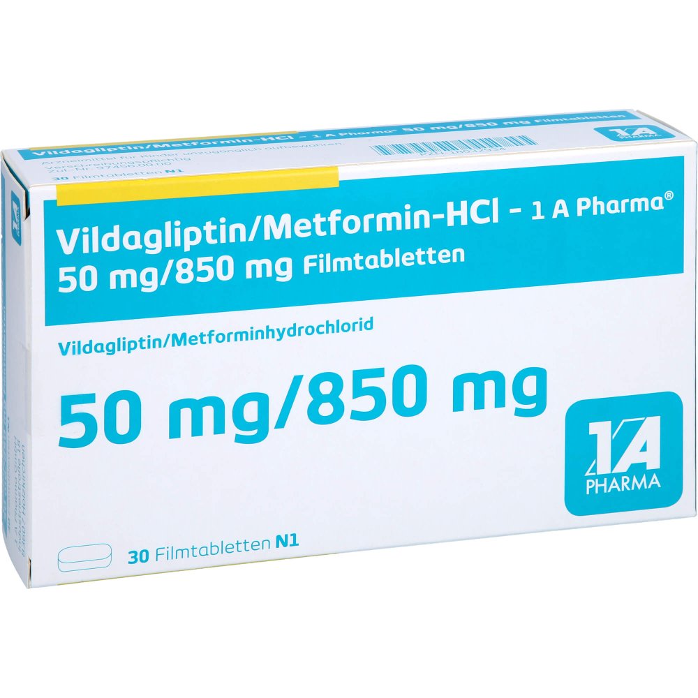 Das Produktfoto zeigt Vildagliptin/Metformin-Hcl-1a Pharma 50/850mg Fta (30 stk) PZN 18032934