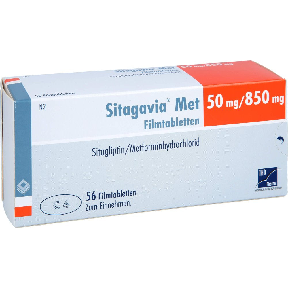 Das Produktfoto zeigt Sitagavia Met 50 Mg/850 Mg Filmtabletten (56 stk) PZN 18061657