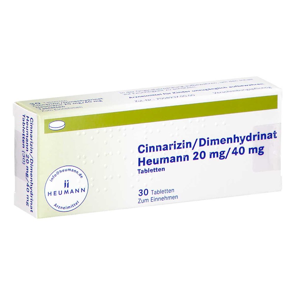 Das Produktfoto zeigt Cinnarizin/Dimenhydrinat Heumann 20 Mg/40 Mg Tabl. (30 stk) PZN 18074045
