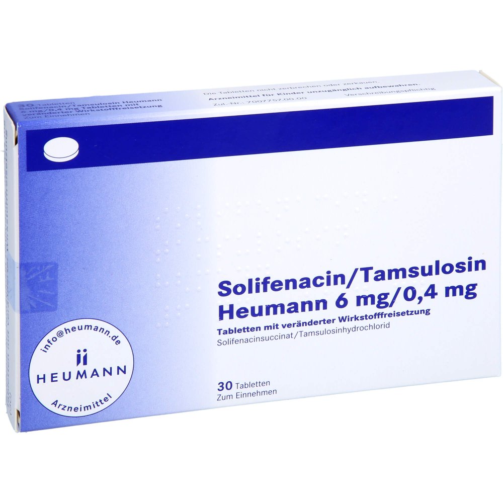 Das Produktfoto zeigt Solifenacin/Tamsulosin Heumann 6 Mg/0,4 Mg Tvw (30 stk) PZN 18084233