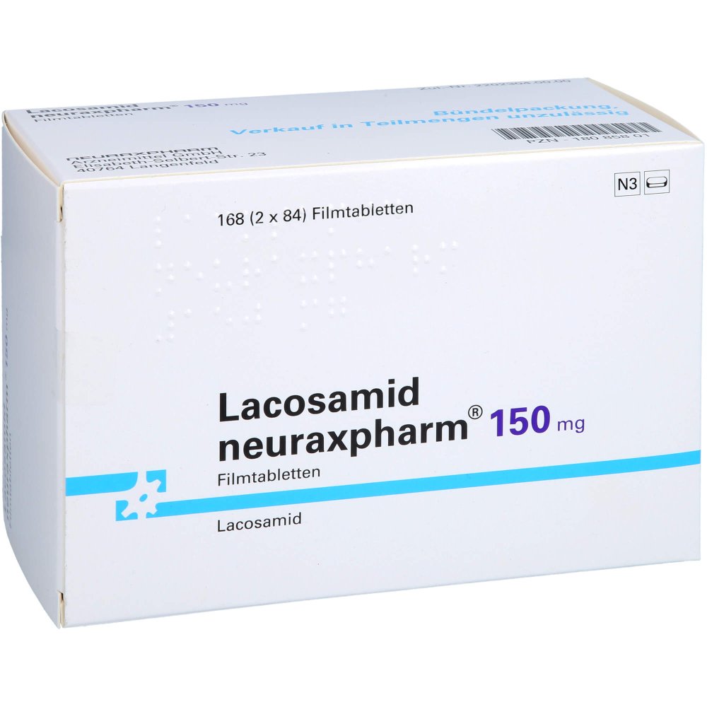 Das Produktfoto zeigt Lacosamid Neuraxpharm 150 Mg Filmtabletten (168 stk) PZN 18085801