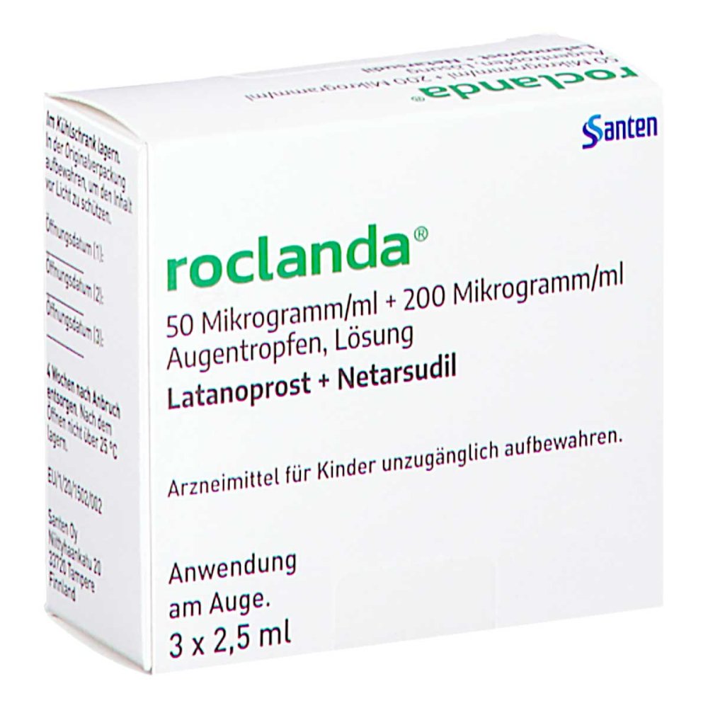 Das Produktfoto zeigt Roclanda 50 Μg/Ml + 200 Μg/Ml Augentropfen Lösung (3X2.5 ml) PZN 18092480