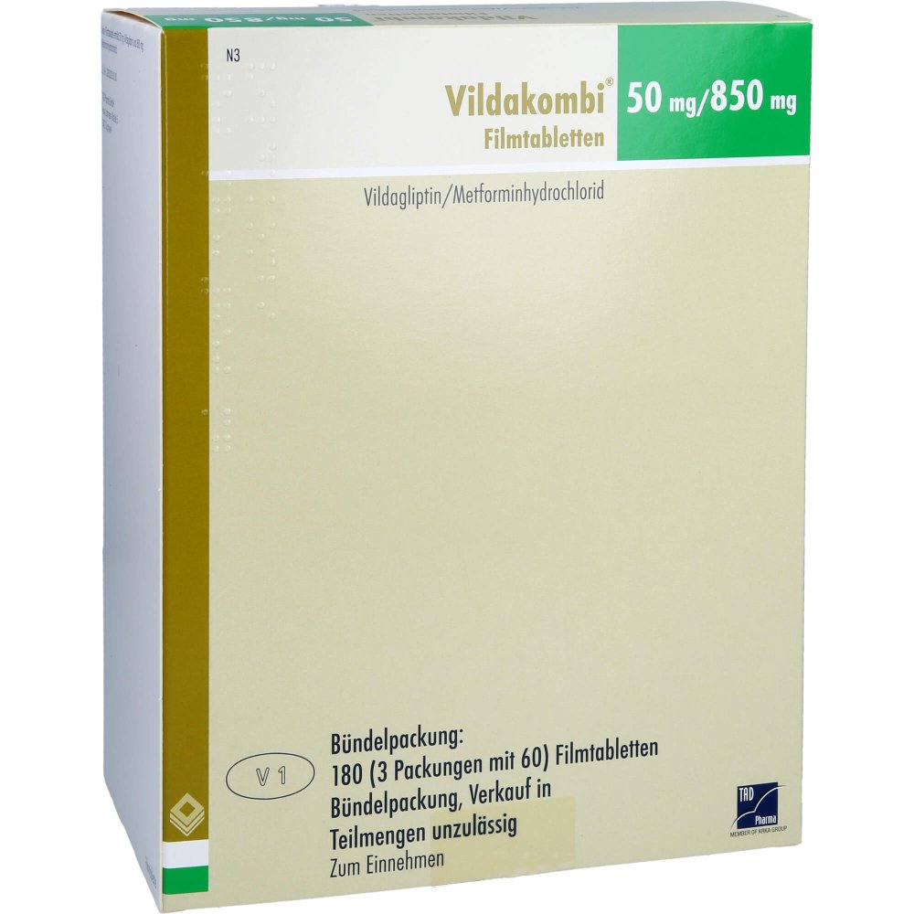Das Produktfoto zeigt Vildakombi 50 Mg/850 Mg Filmtabletten (3X60 stk) PZN 18112515