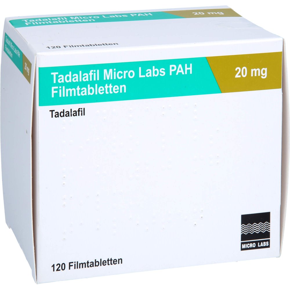 Das Produktfoto zeigt Tadalafil Micro Labs Pah 20 Mg Filmtabletten (120 stk) PZN 18112604