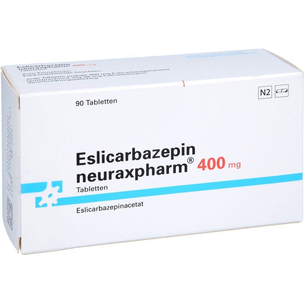Das Produktfoto zeigt Eslicarbazepin Neuraxpharm 400 Mg Tabletten (90 stk) PZN 18117406