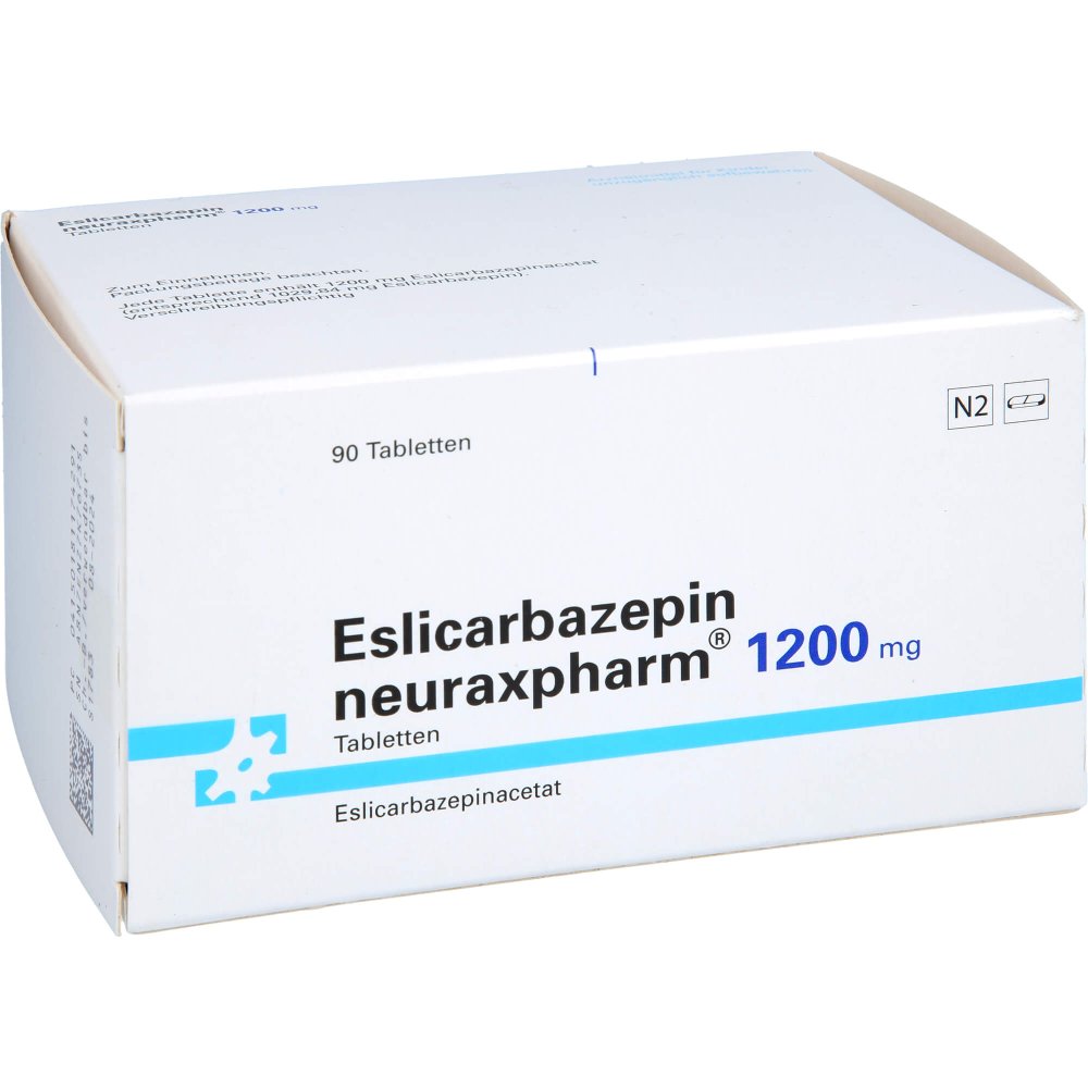 Das Produktfoto zeigt Eslicarbazepin Neuraxpharm 1200 Mg Tabletten (90 stk) PZN 18117429