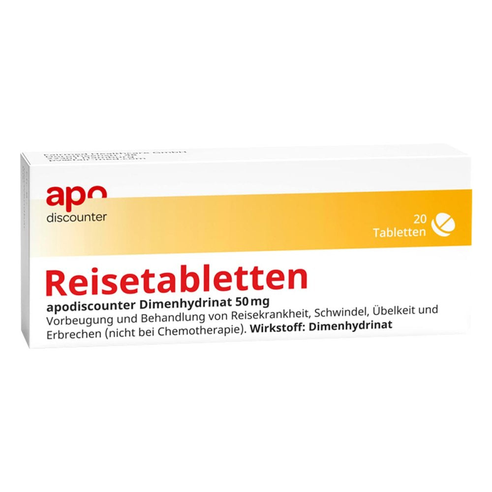 Das Produktfoto zeigt Reisetabletten Apodiscounter Dimenhydrinat 50 Mg (20 stk) PZN 18188300