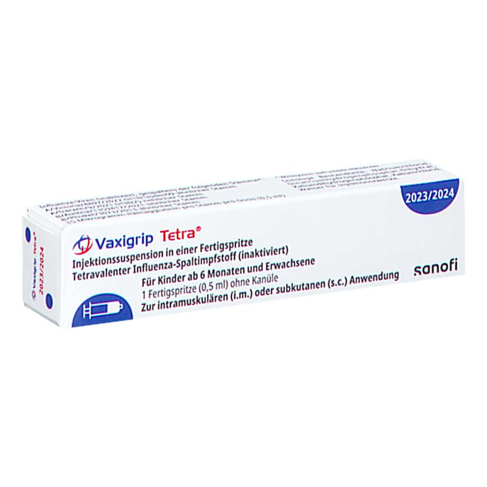 Das Produktfoto zeigt Vaxigrip Tetra 2023/2024 Inj.Susp.Fertigspr.O.Kan. (1 stk) PZN 18190136