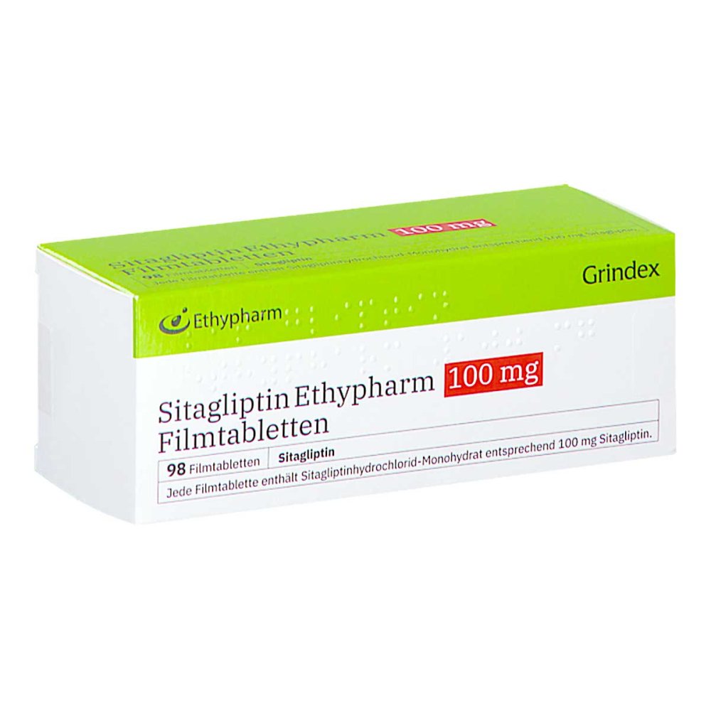 Das Produktfoto zeigt Sitagliptin Ethypharm 100 Mg Filmtabletten (98 stk) PZN 18191590