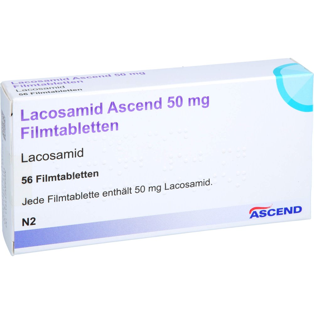 Das Produktfoto zeigt Lacosamid Ascend 50 Mg Filmtabletten (56 stk) PZN 18218544