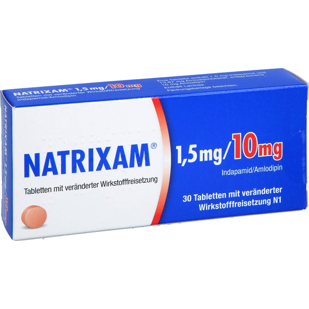 Das Produktfoto zeigt Natrixam 1,5 Mg/10 Mg Tab.M.Veränd.Wirkst.-Frs. (30 stk) PZN 18254735