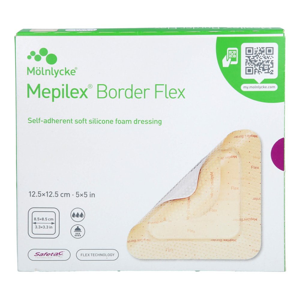 Das Produktfoto zeigt Mepilex Border Flex Schaumverb.Haft.12,5x12,5 Cm (5 stk) PZN 18290694