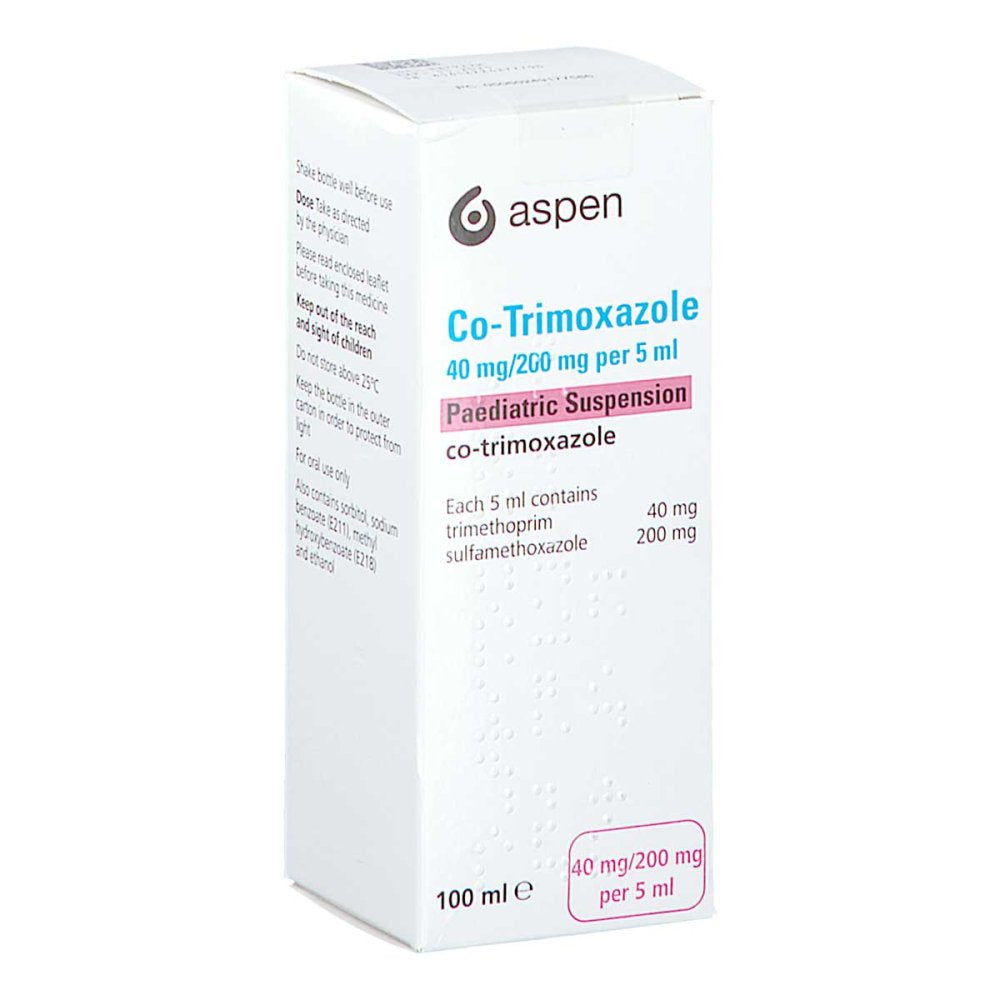 Das Produktfoto zeigt Co-Trimoxazole 40mg/200mg Per 5ml Paediat.Susp.Uk (100 ml) PZN 18398606