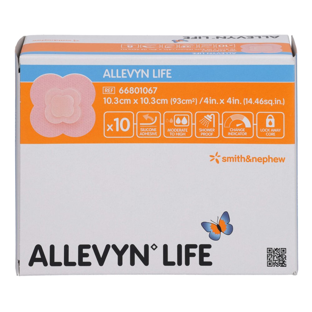 Das Produktfoto zeigt Allevyn Life 10,3x10,3 Cm Silikonschaumverband (10 stk) PZN 18654601