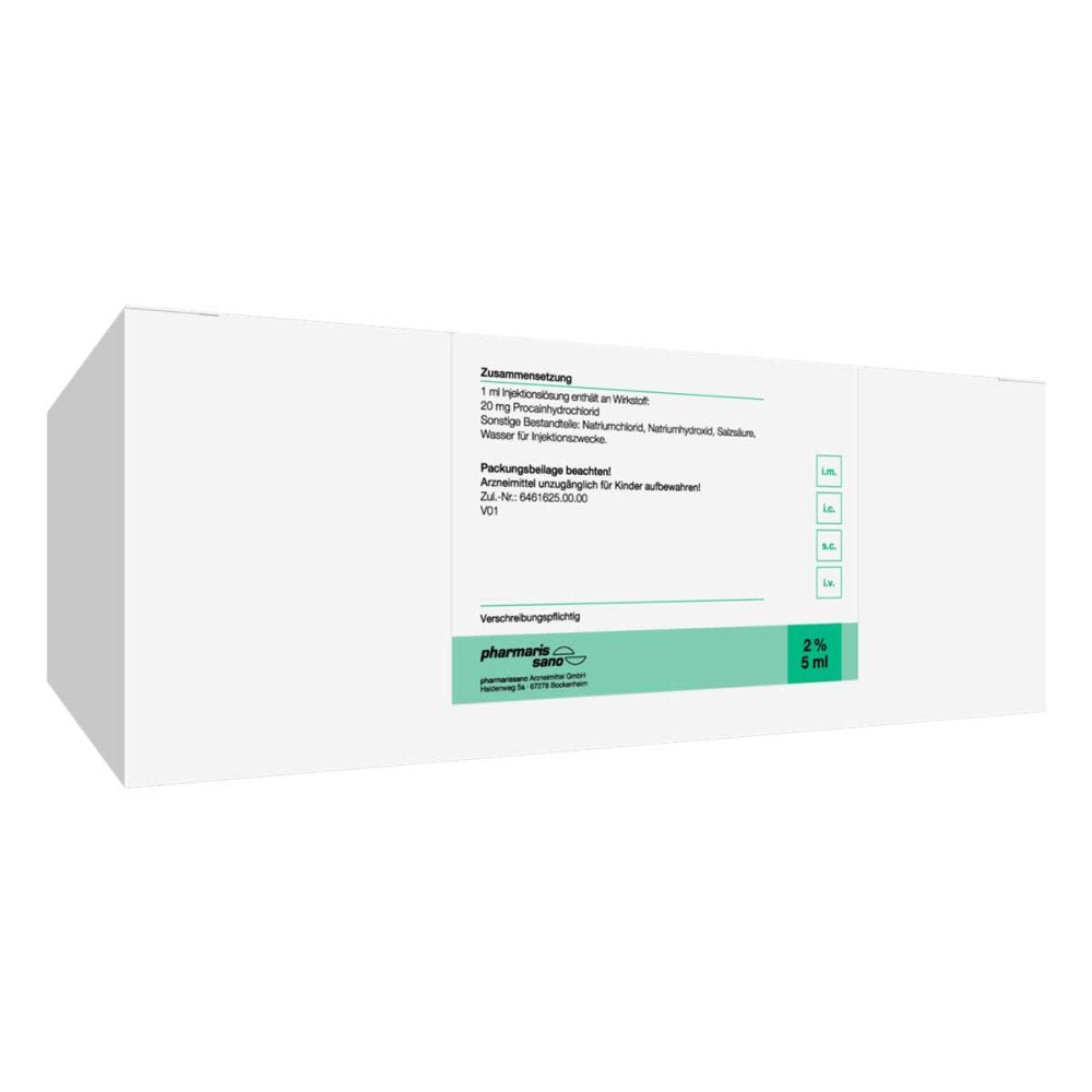 Das Produktfoto zeigt Procain Pharmarissano Ampulle 2% 5 Ml Inj.-Lsg. (200X5 ml) PZN 18672958