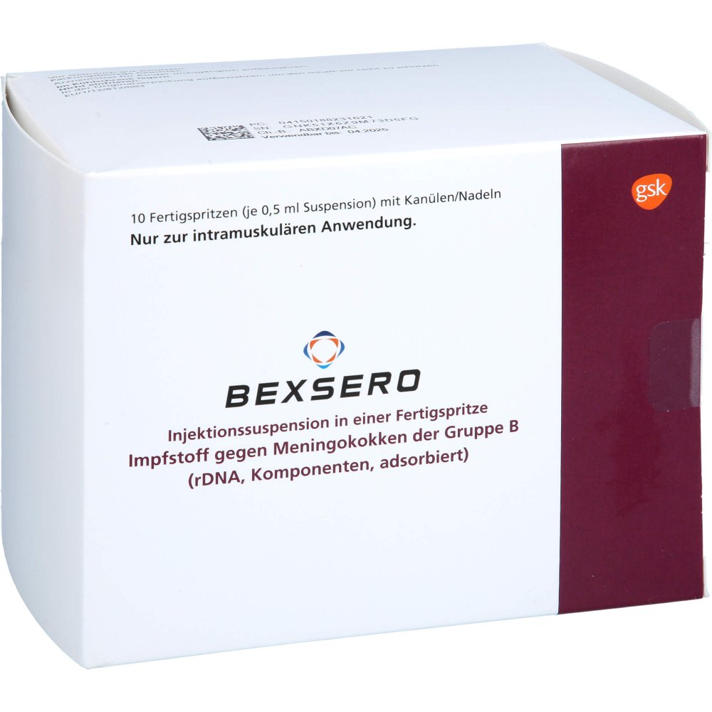 Das Produktfoto zeigt Bexsero Injektionssuspension I.E.Fertigspritze (10X0.5 ml) PZN 18823162