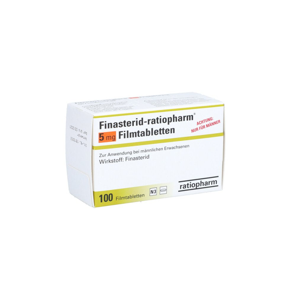 Das Produktfoto zeigt Finasterid Ratiopharm 5 Mg Filmtabletten (100 stk) PZN 00008148