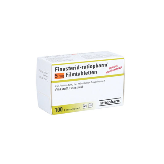 Das Produktfoto zeigt Finasterid Ratiopharm 5 Mg Filmtabletten (100 stk) PZN 00008148