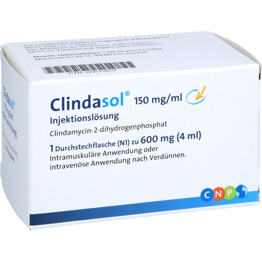 Das Produktfoto zeigt Clindasol 150 Mg/Ml Inj.-Lsg.600 Mg (4 ml) PZN 00010837