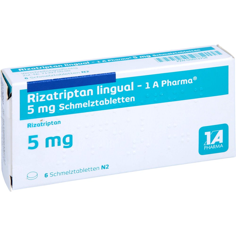 Das Produktfoto zeigt Rizatriptan Lingual-1a Pharma 5 Mg Schmelztabl. (6 stk) PZN 00013758
