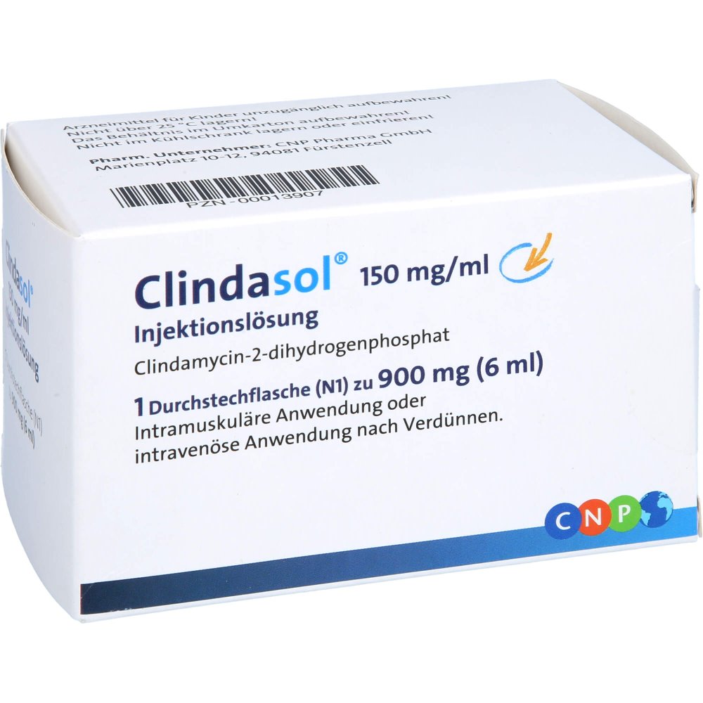 Das Produktfoto zeigt Clindasol 150 Mg/Ml Inj.-Lsg.900 Mg (6 ml) PZN 00013907