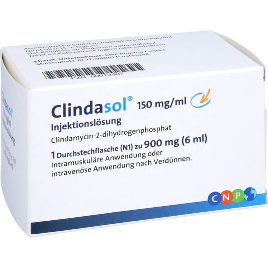 Das Produktfoto zeigt Clindasol 150 Mg/Ml Inj.-Lsg.900 Mg (6 ml) PZN 00013907