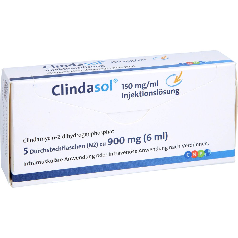 Das Produktfoto zeigt Clindasol 150 Mg/Ml Inj.-Lsg.900 Mg (5X6 ml) PZN 00013913