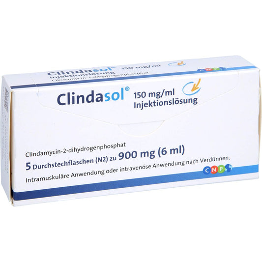 Das Produktfoto zeigt Clindasol 150 Mg/Ml Inj.-Lsg.900 Mg (5X6 ml) PZN 00013913