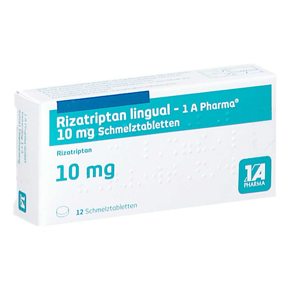 Das Produktfoto zeigt Rizatriptan Lingual-1a Pharma 10 Mg Schmelztabl. (12 stk) PZN 00015438