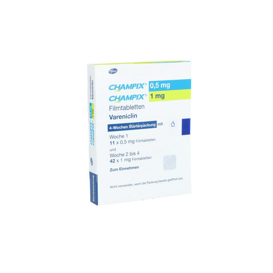 Das Produktfoto zeigt Champix 0,5 Mg/1 Mg Filmtabl.Starterpack.4 Wochen (53 stk) PZN 00017319