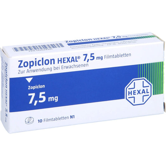Das Produktfoto zeigt Zopiclon Hexal 7,5 Mg Filmtabletten (10 stk) PZN 00024101