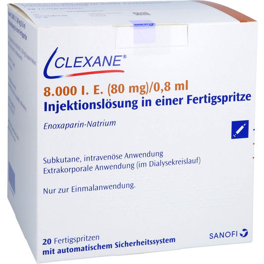 Das Produktfoto zeigt Clexane 8.000 I.E. 80mg/0,8ml Ilo F.Sp.+Sich-Sys. (20 stk) PZN 00025655