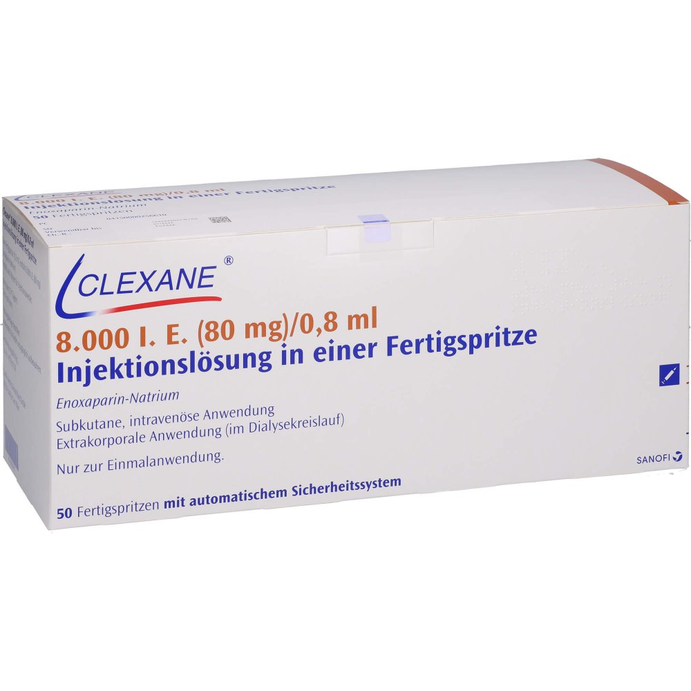 Das Produktfoto zeigt Clexane 8.000 I.E. 80mg/0,8ml Ilo F.Sp.+Sich-Sys. (50 stk) PZN 00025661