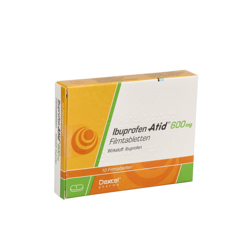 Das Produktfoto zeigt Ibuprofen Atid 600 Mg Filmtabletten (10 stk) PZN 00027950