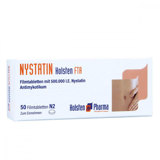 Das Produktfoto zeigt Nystatin Holsten Filmtabletten (50 stk) PZN 00032566