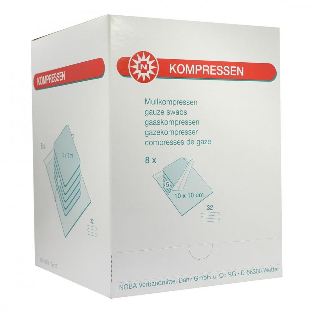 Das Produktfoto zeigt Mullkompressen 10x10 Cm Steril 32fach (8X5 stk) PZN 00032974