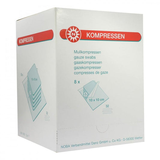 Das Produktfoto zeigt Mullkompressen 10x10 Cm Steril 32fach (8X5 stk) PZN 00032974