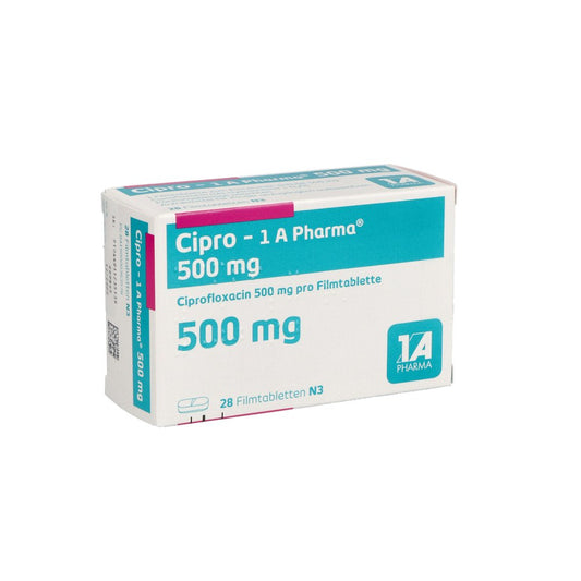 Das Produktfoto zeigt Cipro-1a Pharma 500 Mg Filmtabletten (28 stk) PZN 00036357
