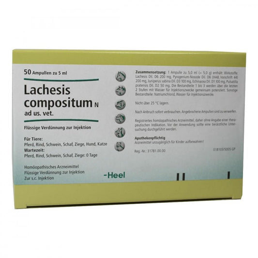 Das Produktfoto zeigt Lachesis Compositum N Ad Us.Vet.Ampullen (50 stk) PZN 00052830