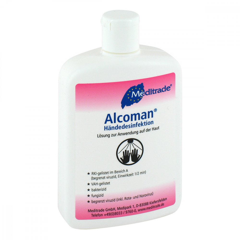 Das Produktfoto zeigt Alcoman Händedesinfektion Lösung (150 ml) PZN 00066482