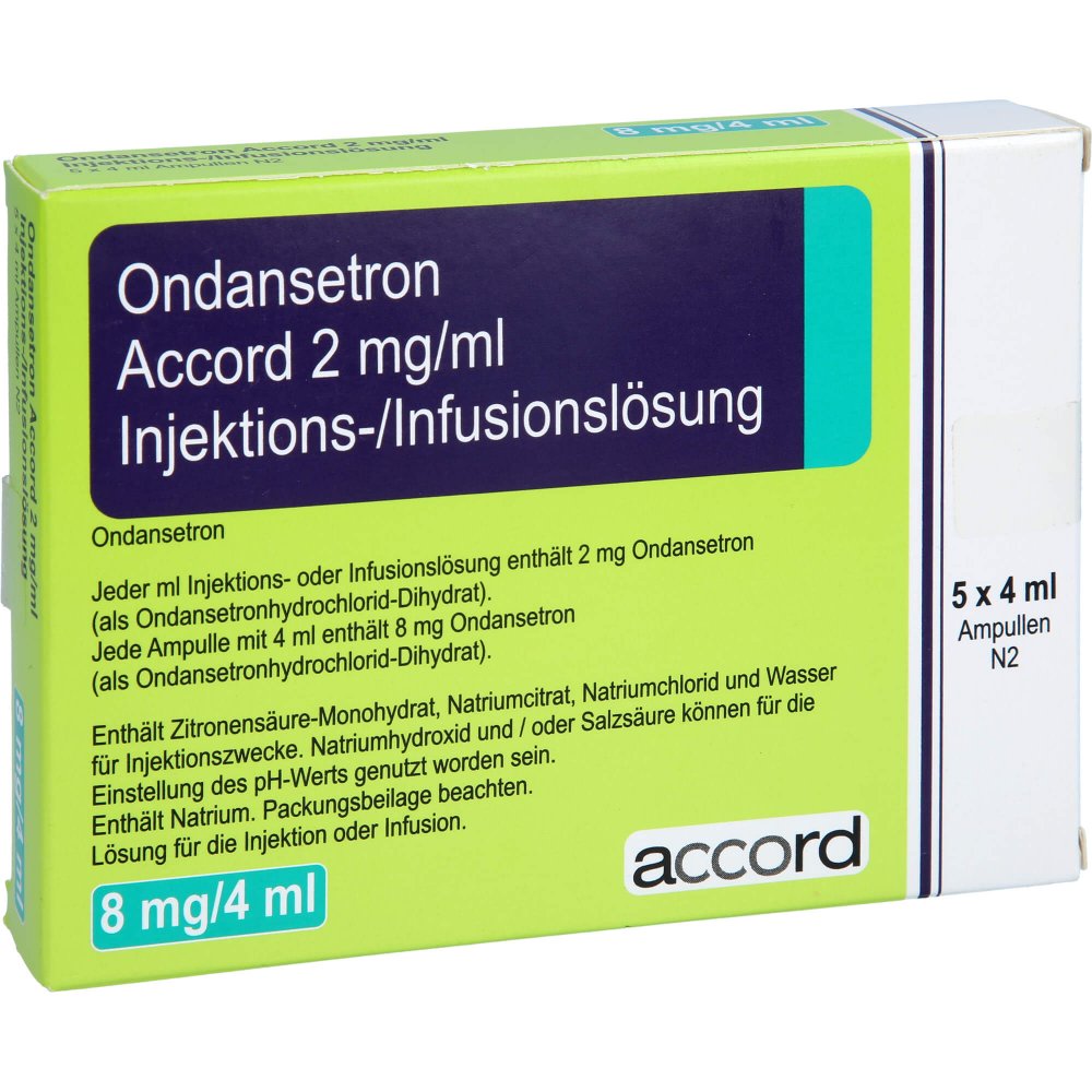 Das Produktfoto zeigt Ondansetron Accord 2 Mg/Ml 8mg Inj.-/Inf.-Lsg.Amp. (5 stk) PZN 00069411