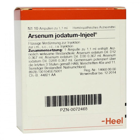 Das Produktfoto zeigt Arsenum Jodatum Injeel Ampullen (10 stk) PZN 00072465