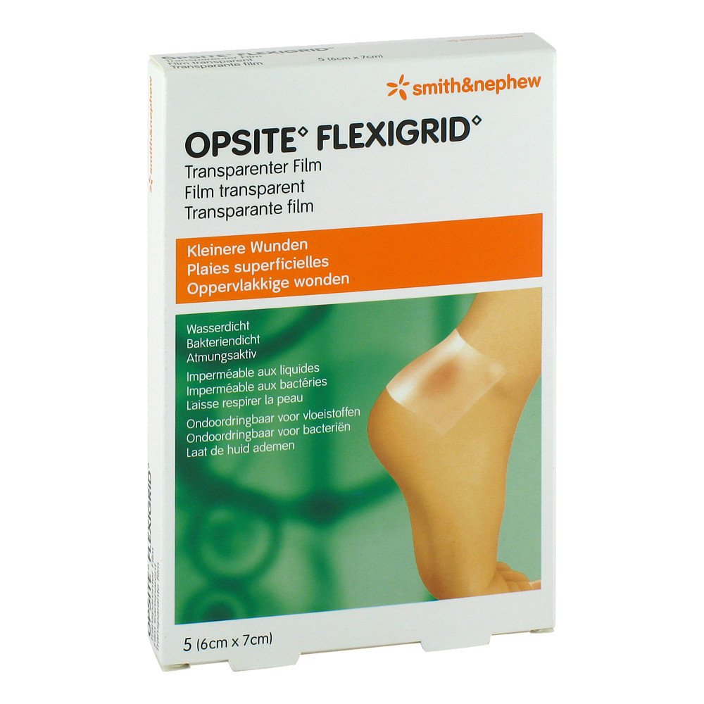 Das Produktfoto zeigt Opsite Flexigrid Transp.Wundverb.6x7 Cm Steril (5 stk) PZN 00081725