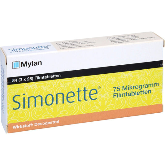 Das Produktfoto zeigt Simonette 75 Mikrogramm Filmtabletten (3X28 stk) PZN 00082245
