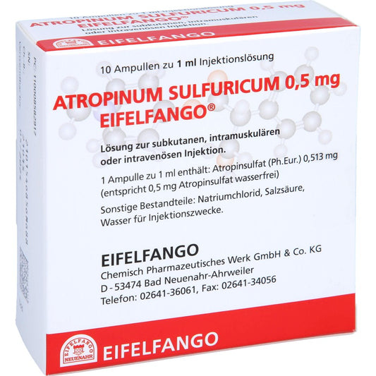 Das Produktfoto zeigt Atropinum Sulfuricum 0,5 Mg Injektionslösung (10X1 ml) PZN 00085829