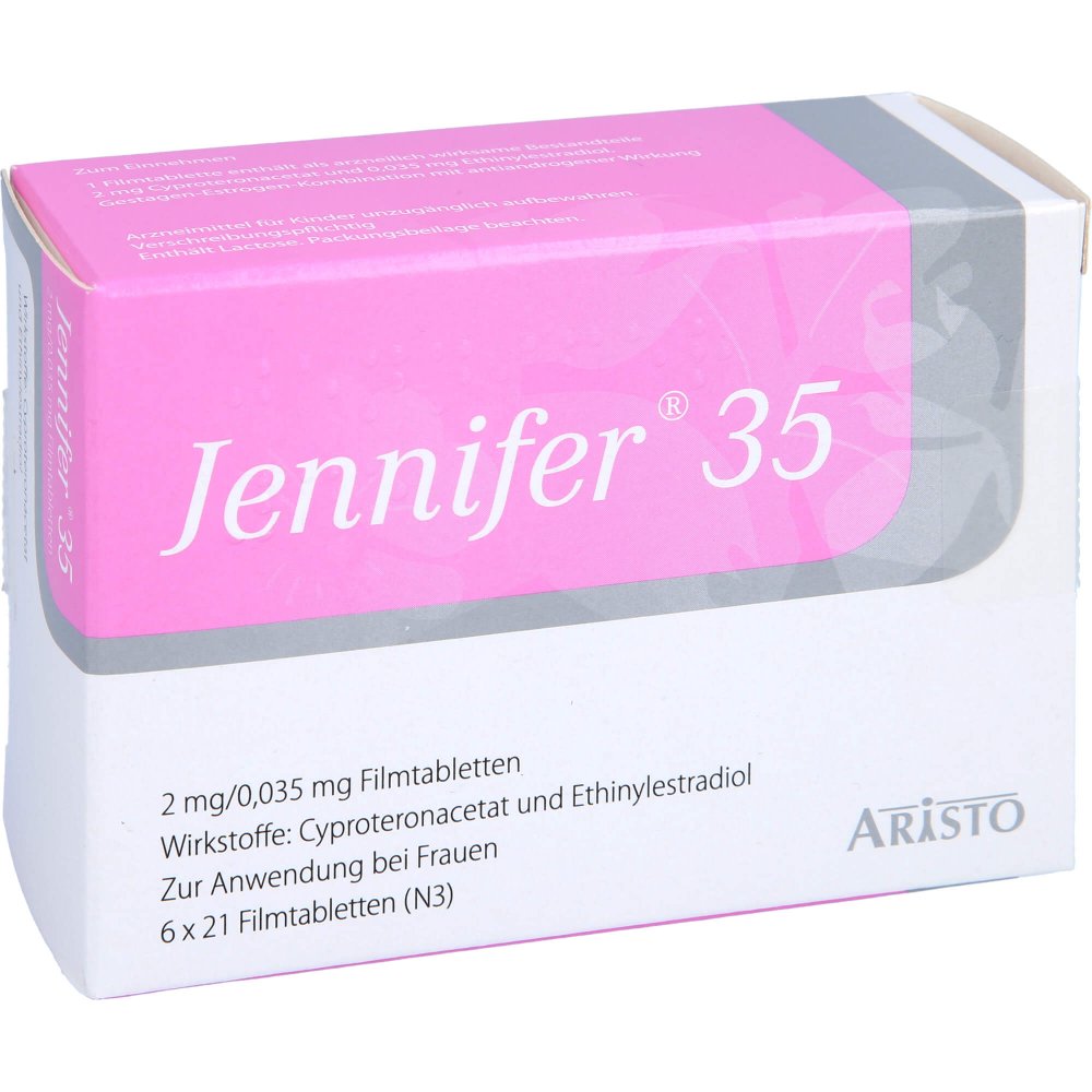 Das Produktfoto zeigt Jennifer 35 2 Mg/0,035 Mg Filmtabletten (6X21 stk) PZN 00086125